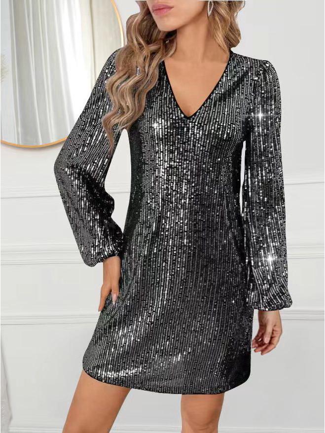 

Летнее европейско-американское вечернее платье с V-образным вырезом, пайетками и длинными рукавами, стройнящее - Женская мода, Юго-Восточная Азия L чёрный