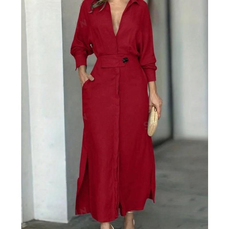 Modna sukienka dla kobiet Luksusowa elegancka sukienka w jednolitym kolorze Jesienna impreza Wsuwane kieszenie Z długim rękawem Nieregularne sukienki koszulowe