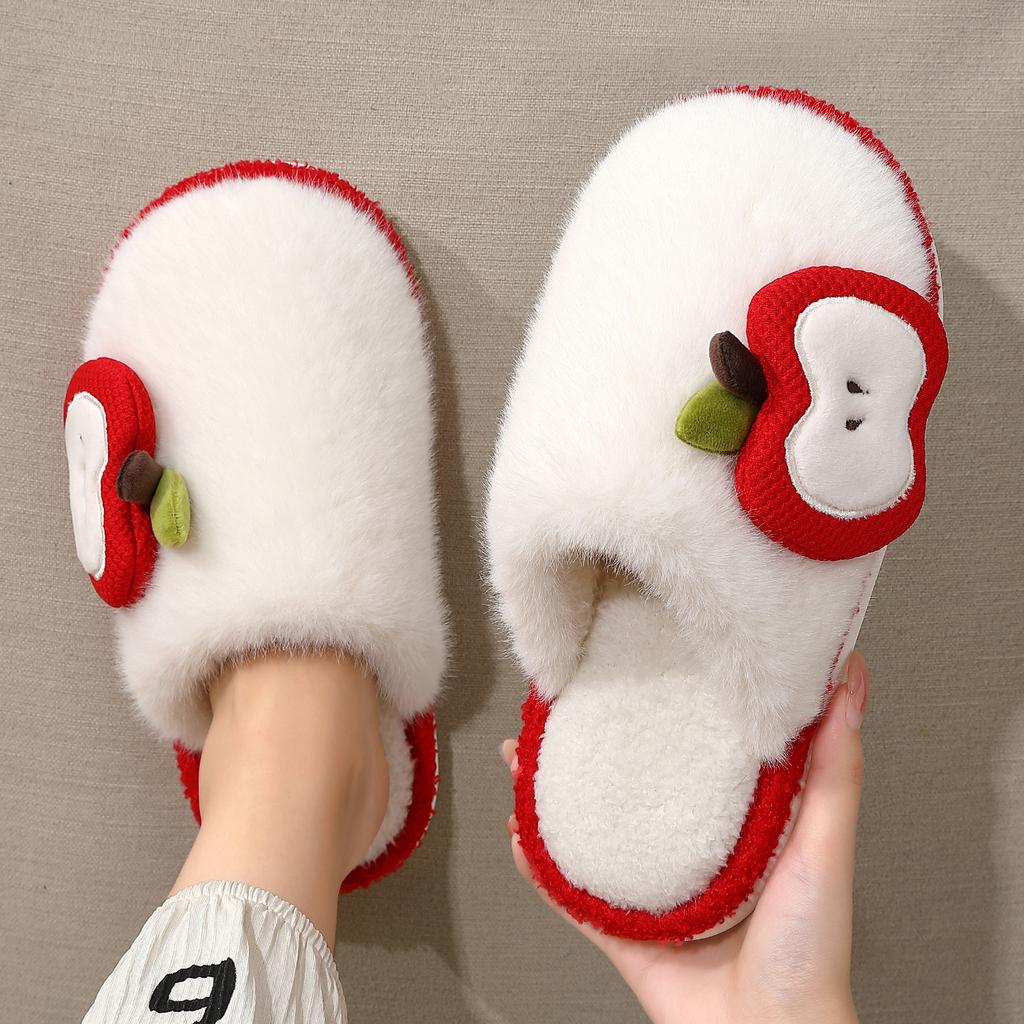 Apple Fluffy Slippers Winter Couple Indoor Home Plush Warm Home Non-slip Cotton Slippers Winter