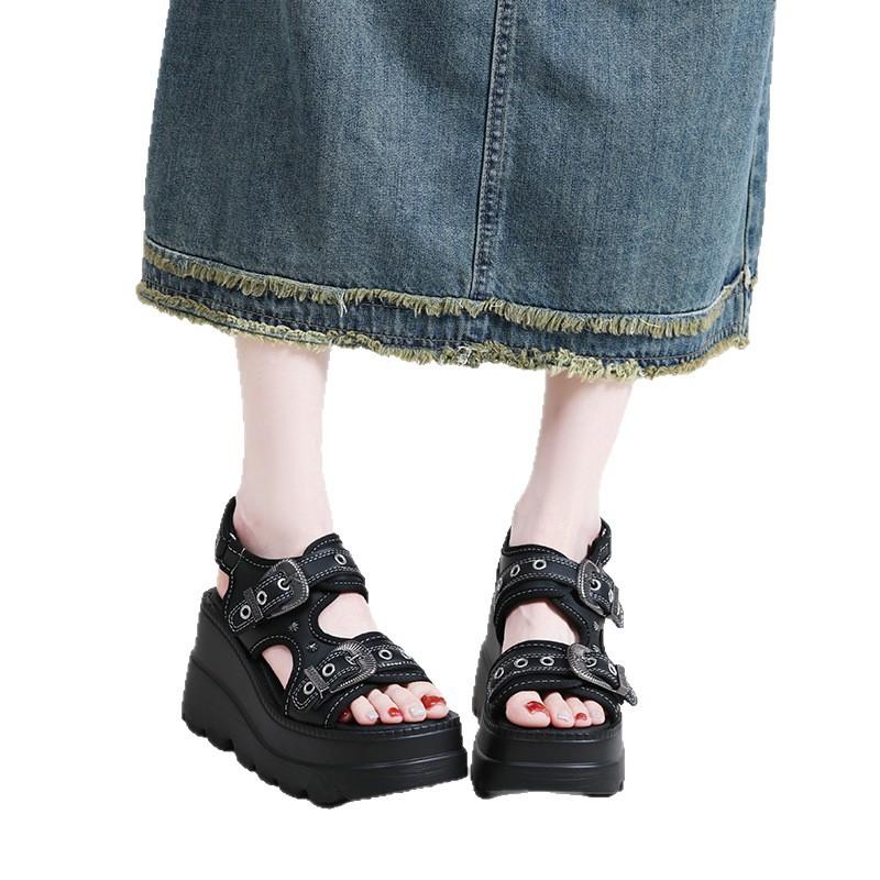 2025 Summer New Thick-soled Heightening Word with Roman Sandals Women Wear Light Lazy Shoes Casual Sandals