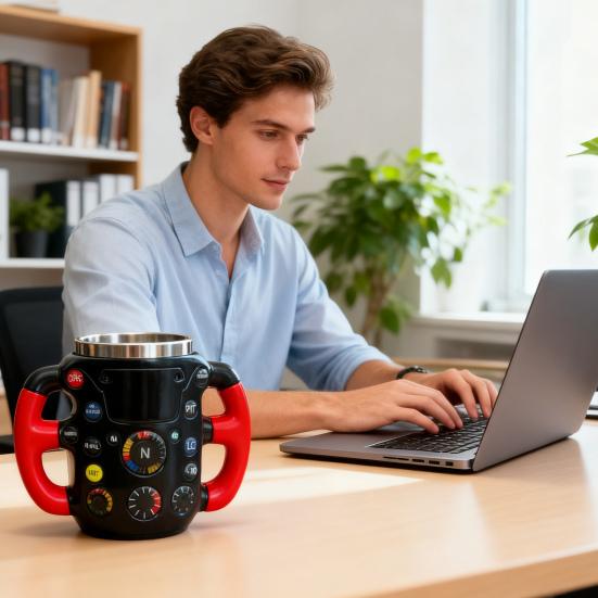 Ceramic Coffee Mug Racing Steering Wheel Pattern Ergonomic Handle Mug Non-Slip Bottom Coffee Cup Christmas Present