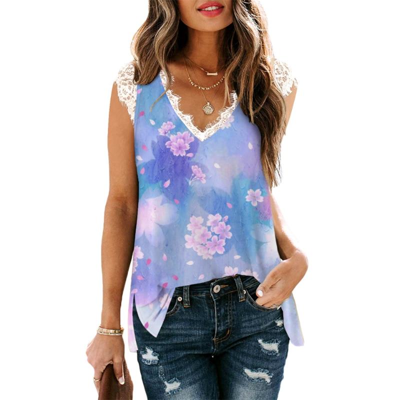 Canotta Larga Estiva 2023 Donna Stampa Scollo a V Senza Maniche Pizzo Camicia Donna Elegante Bluse Per Donna Abbigliamento Femminile 25708