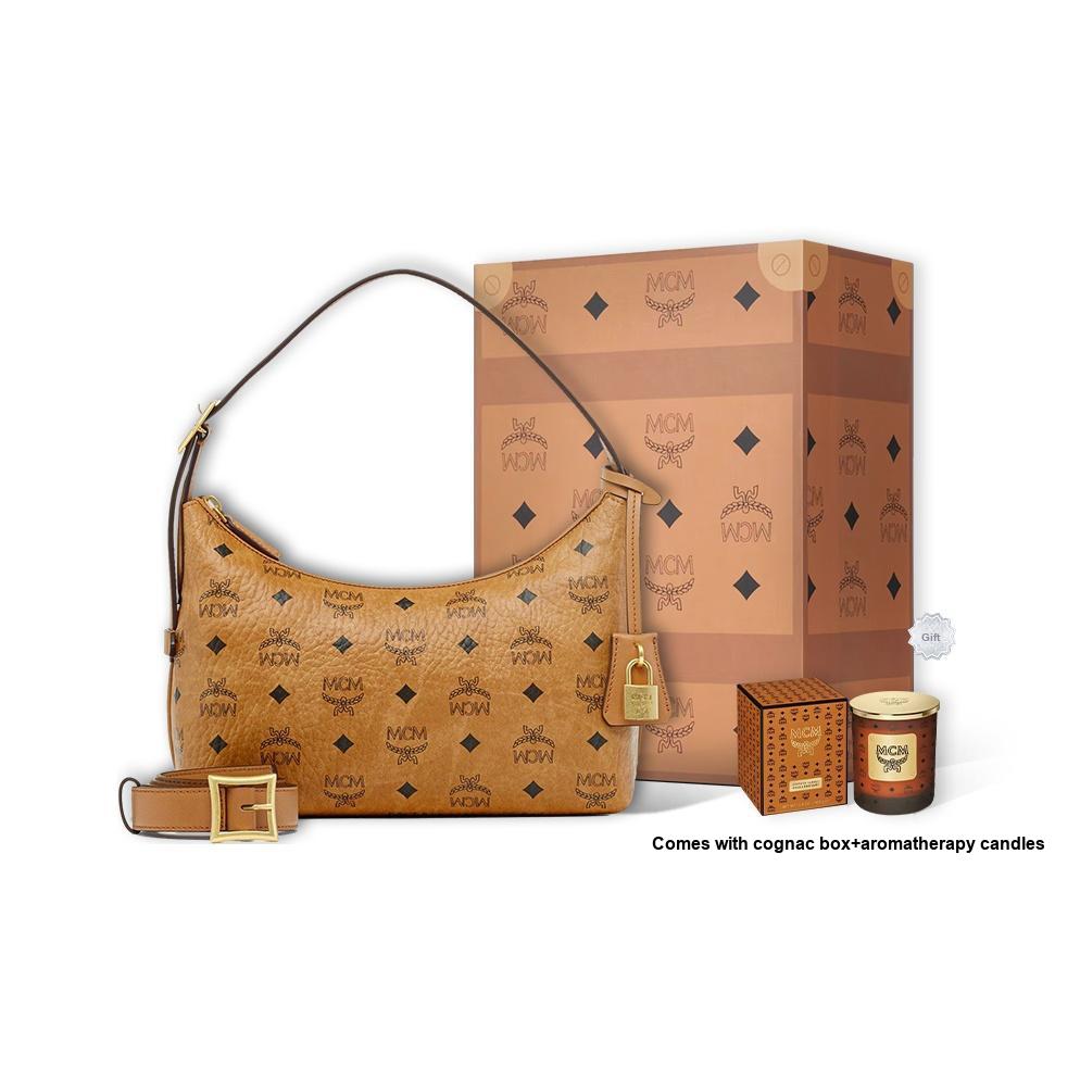 MCM Aren Visetos Monogram Pendant Trendy Hobo Bag Women bags Brown Cognac MWHESTA01CO001
