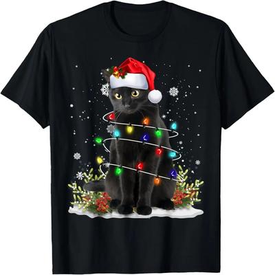 Czarny Kot Boże Narodzenie Czapka Mikołaja Zabawne Meowy Koty Damski Męski T-shirt