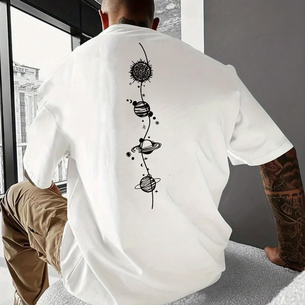 Men's 100% Pure Cotton Summer Loose Size Planet Graphic Design Print Casual Comfortable Round Neck Short Sleeved T-shirt Top
