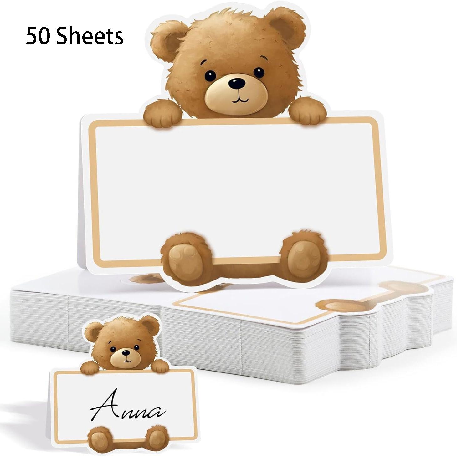 

50Pc Cartoon Bear Folding Table Seating Names Cards Gender Reveal Paper Place Card for Kids Birthday Baby Shower Party Decoraion