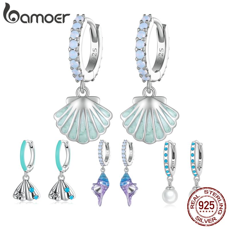 Bamoer 925 Silver Enamel Process Sea Shell Ear Buckles Pave Setting CZ Hoop Earrings for Women Ocean Series Jewelry