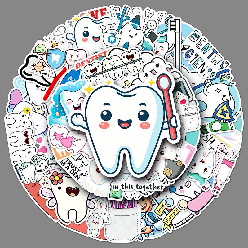 50 Sheets Protect Teeth Cartoon Stickers For Kids Students Graffiti Laptop Stationery Luggage Cute Sticker Dental Clinic Gifts