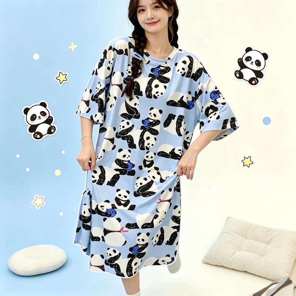 Damen Sommer Pyjama Set im koreanischen Stil - Kurzarm Nachthemd, Niedlich Übergröße für Damen und Studentinnen