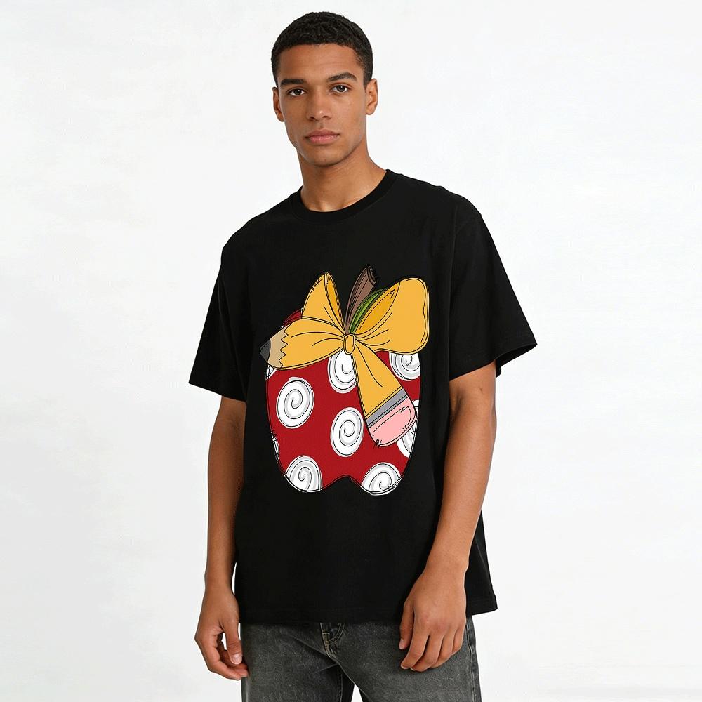 Cartoon Apple Pencil Bow Print Casual Top Pure cotton T-shirt