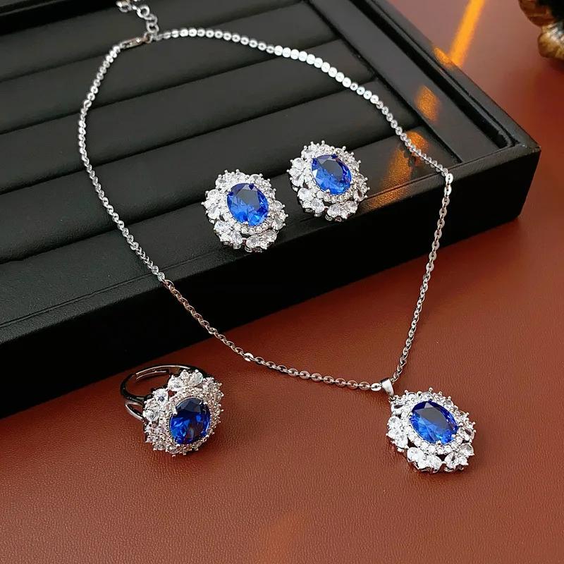 Medium Vintage Inlaid Rhinestone Three-piece Jewelry Set Oval Ring Earring Light Luxury Fashion Necklace Accessories Set