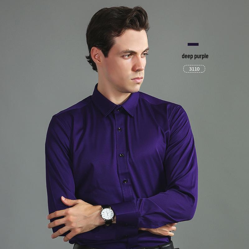 Men's Korean Style Slim Fit Solid Color Iron-Free Stretch Breathable Business Casual Long Sleeve White Shirt.