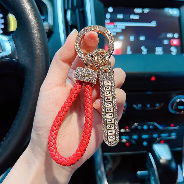 Creative and Fashionable Car Keychain, Leather Handmade Woven Rope, Full of Diamonds, Number Plate, Anti Loss Keychain Ring