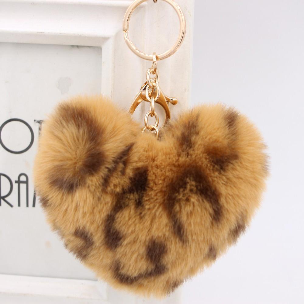 Fashion Leopard Fluffy Ball Key Chain Fur Plush Love Heart Keychain Car Key Ring Bag Pendant Jewelry Accessories Gift