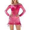 Women Mesh Long Sleeve Cover Up Bikini Set Three Piece Includes Sheer Off Shoulder Dress and Two Piece Swimsuit for Beach Pool Vacation