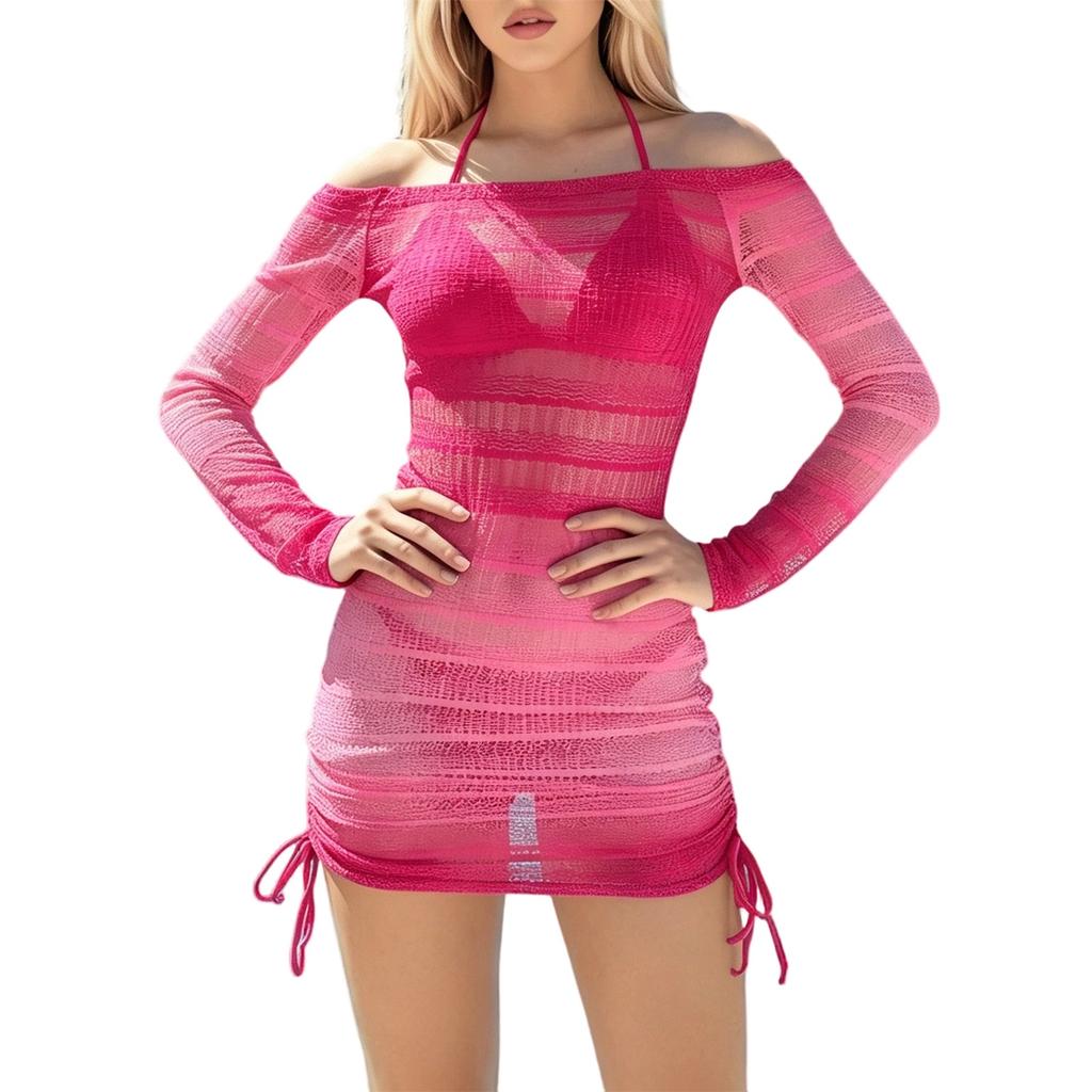 Women Mesh Long Sleeve Cover Up Bikini Set Three Piece Includes Sheer Off Shoulder Dress and Two Piece Swimsuit for Beach Pool Vacation