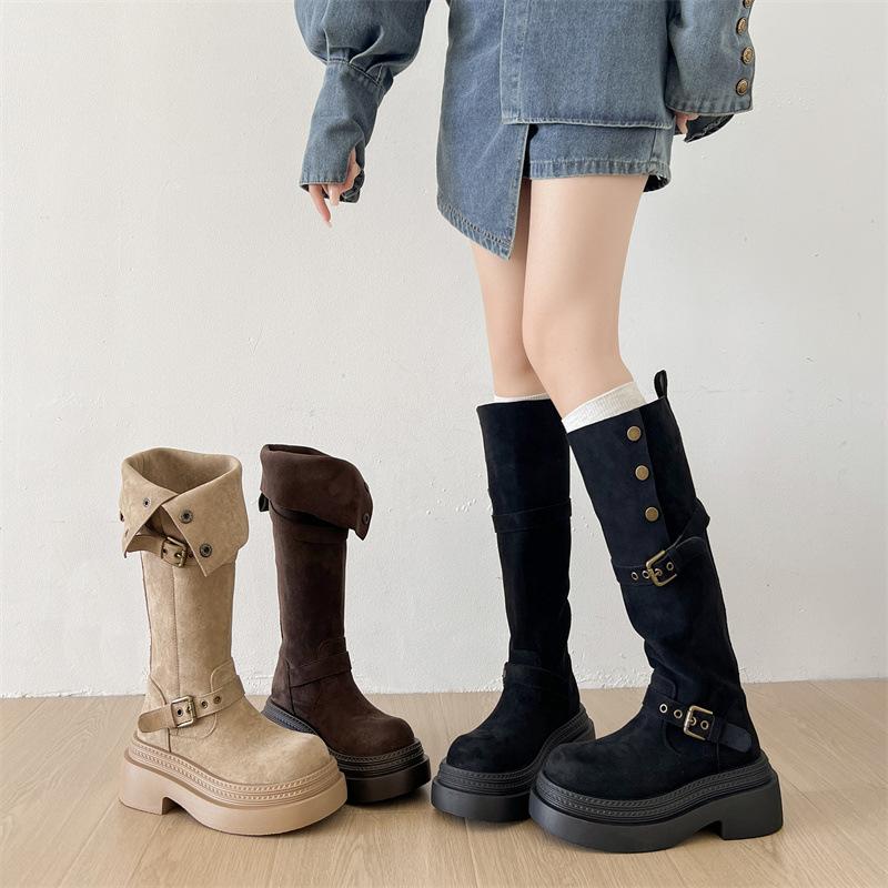 Vintage Brown Maillard Style Platform Boots Women's Boots 2025 New Autumn Height-increasing and Thin Knight Boots