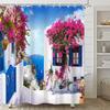 Greek Town Street View Shower Curtain Blue Wooden Doors Windows Flower Plant Wall Decor Bathroom Hanging Curtains Set With Hooks