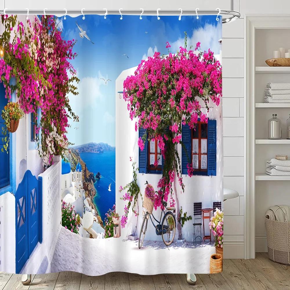 Greek Town Street View Shower Curtain Blue Wooden Doors Windows Flower Plant Wall Decor Bathroom Hanging Curtains Set With Hooks