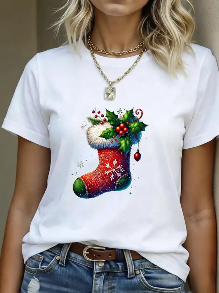 (Asian Size) tree watercolor  T Shirt Print Casual New Year Short Sleeve T-shirts Merry Christmas Fashion Women's Top O-neck Clothing Graphic Tee