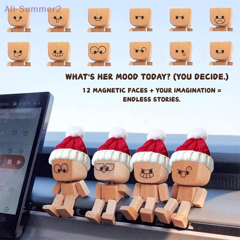 Christmas Shaking Wooden Man Figurine With 12Pcs Magnetic Expressions Shaking Feet Wooden Doll Little Santa Figurine Home Decor