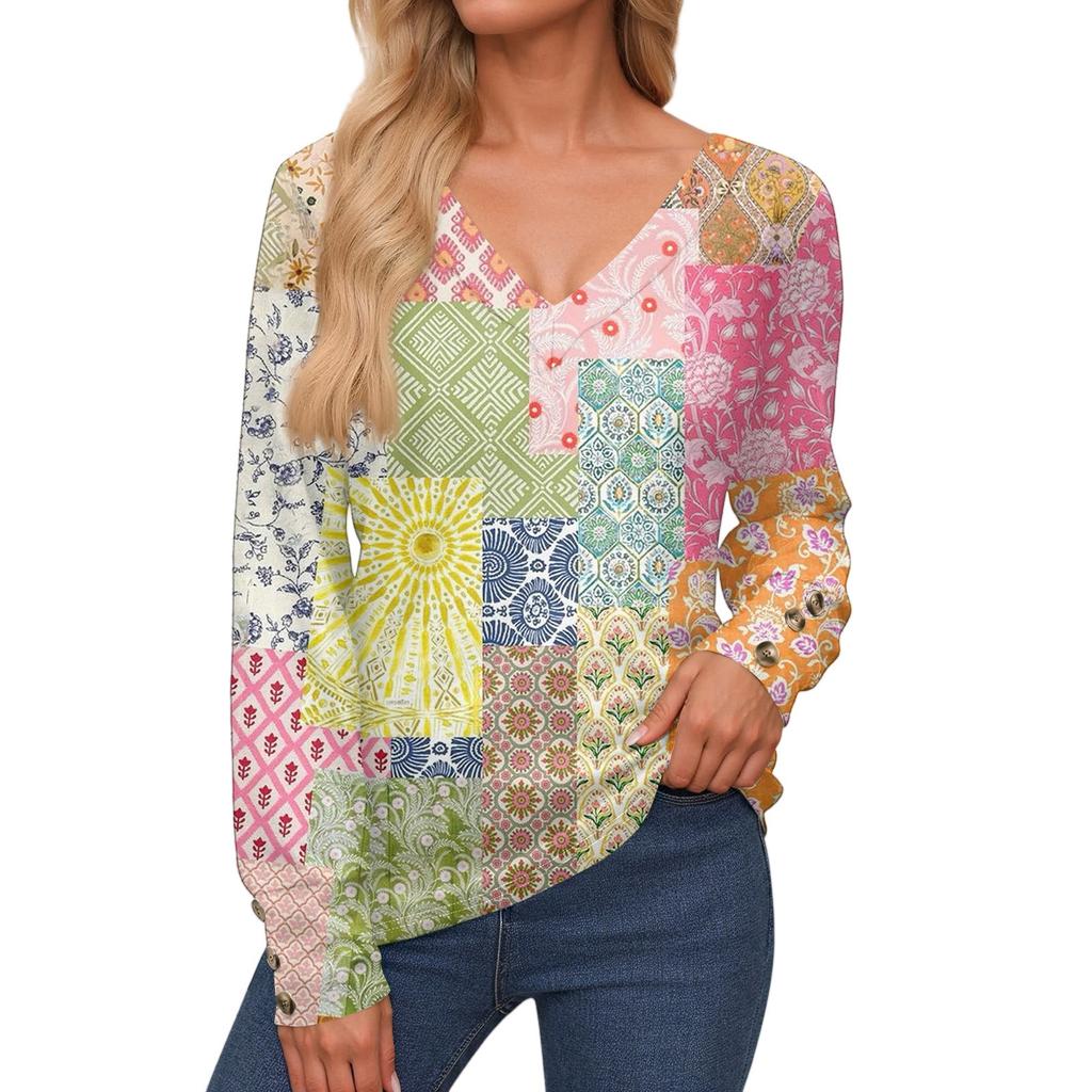 Damenoberteile Langarmmanschetten Button-Up-Hemd V-Ausschnitt Lässiges Lockeres T-Shirt Blumenoberteile