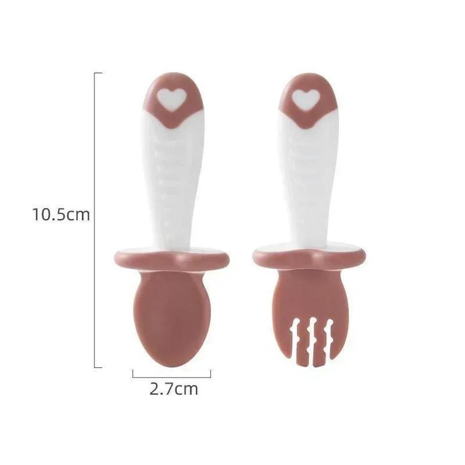 1 Set Baby Spoon Fork Silicone Children's Tableware Set Feeding Baby Tableware Learning Spoon Set Short Simple Spoon