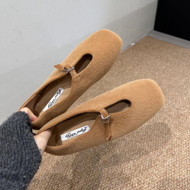 Fashion Buckle Fashion Flock Ladies Mary Janes Flats Shoes Female Square Toe Footwear Shallow Women Flats Slip On Shoes Lady