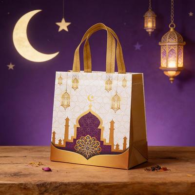 5PCS Eid Mubarak Non-Woven Gift Bags With Handles Cookie Candy Packaging Bag For Treats Dates Mosque Pattern Colorful Goodie Bag