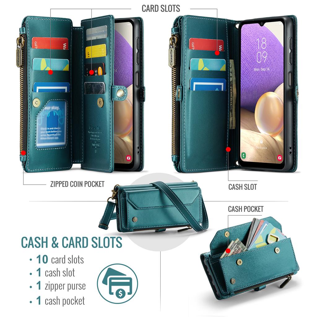 For Samsung Galaxy A32 5G/M32 5G Leather Case CASEME C36 Zipper Multiple Card Slots Phone Cover with Straps