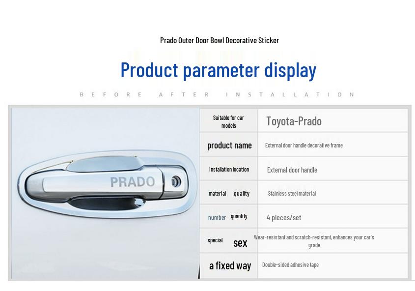 Stainless Steel Door Handle Bowl Trim for 2010-2019 Toyota Prado
