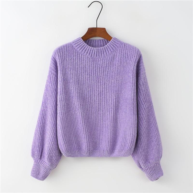 

Свитер оверсайз с круглым вырезом для женщин Осень Зима Однотонный Шениловая Вязка с Рукавами-Фонариками Уютный Модный Свитер One Size фиолетовый