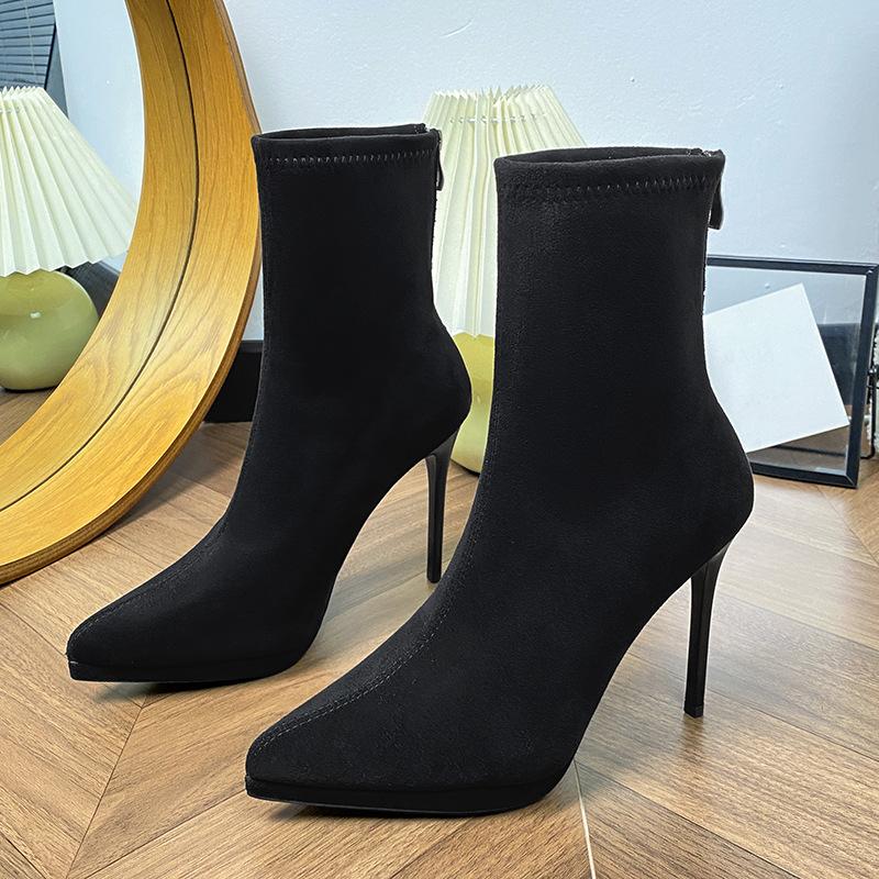 Autumn and winter nude thin boots high heels women's thin heels temperament short boots waterproof table suede pointed elastic boots