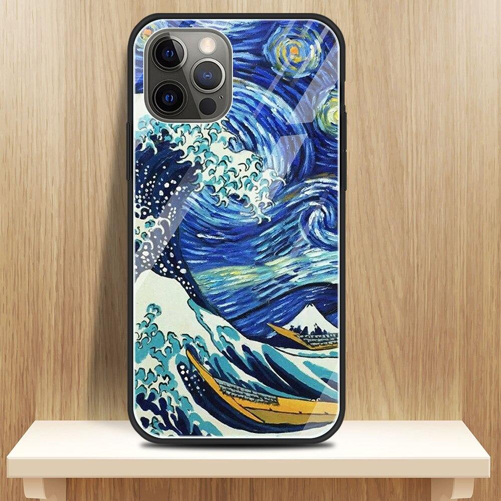 Glass Cover For iPhone 14 13 12 11 Pro X XS Max XR 8 7 6 6S Plus Case Protective Capa Fundas Van Gogh Paintings Starry Night