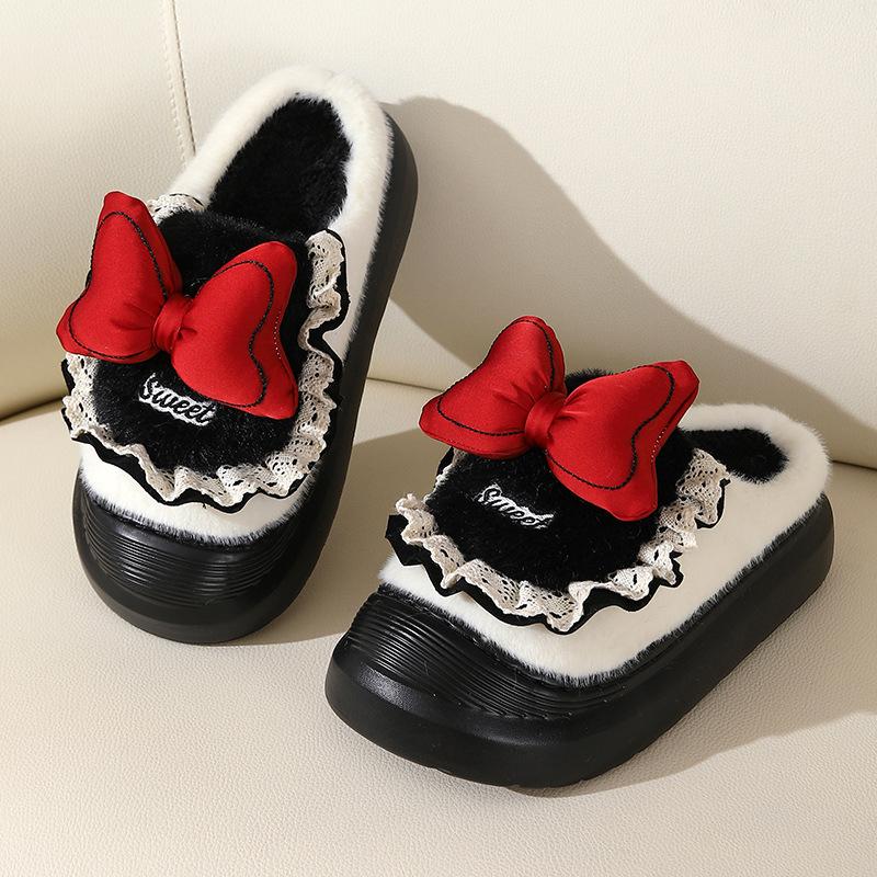 Lolita Bow Cotton Slippers Winter Shoes Women External Wear Non Slip Warm Home Cotton Shoes Thick Sole Comfort Zapatos De Mujer