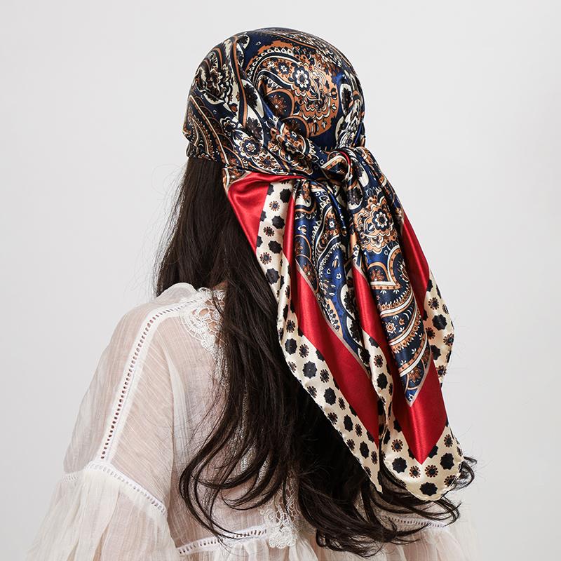 90cm Square Silk Scarves Women Hijab Shawls Paisley Cashew Flower Print Kerchief Femme Head Scarf Foulard Bandana Beach Pareo