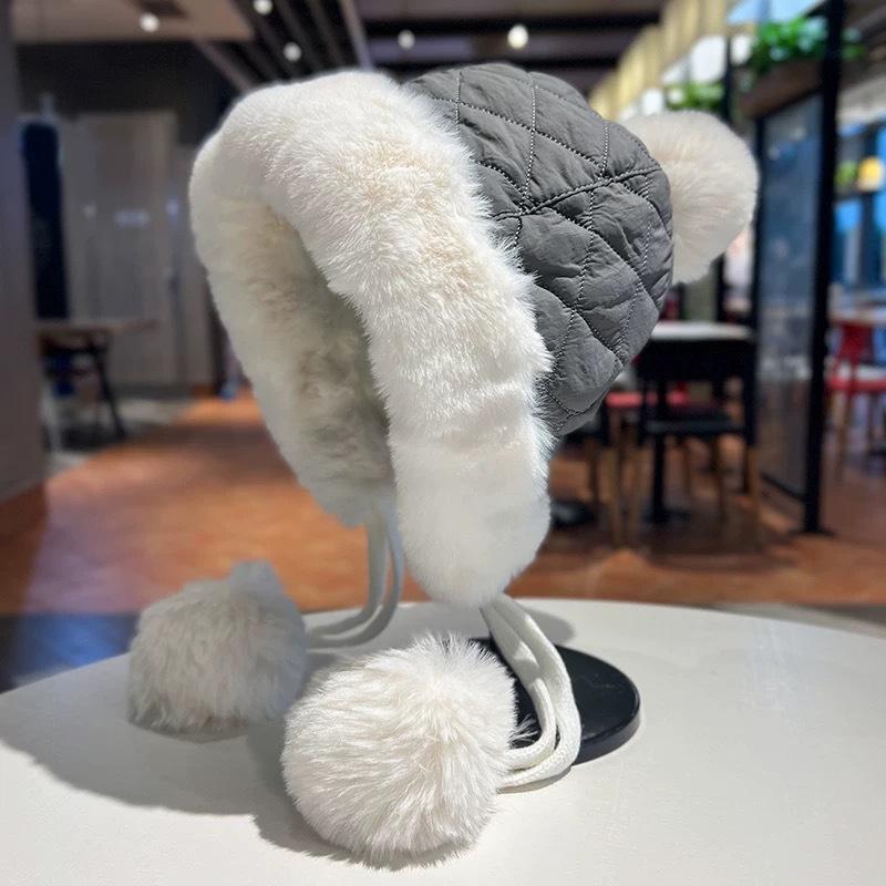 Wool hat autumn and winter women's ear protection plush bag head pullover hat cycling windproof plush thickened warm knitted hat