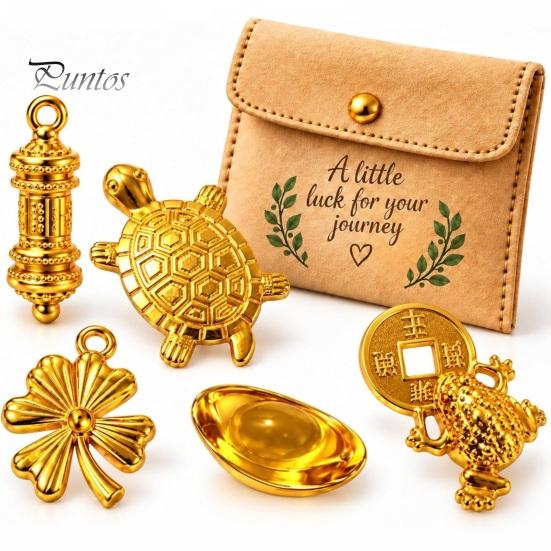 Polished Golden Charm 5Pcs Turtle Set, Four-Leaf Clover Ingot Prayer Wheel Money Frog Good Luck Symbolic Charm, Symbolizes Fortune & Wealth,