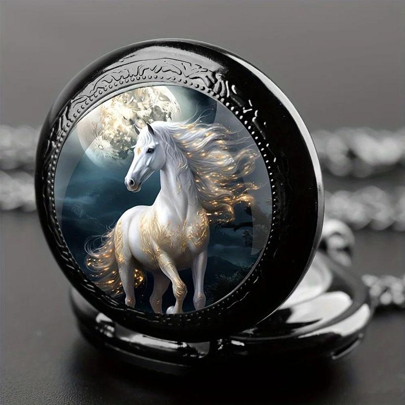 Vintage Unique Silver Horse Animal Design Necklace Pendant Quartz Pocket Watch