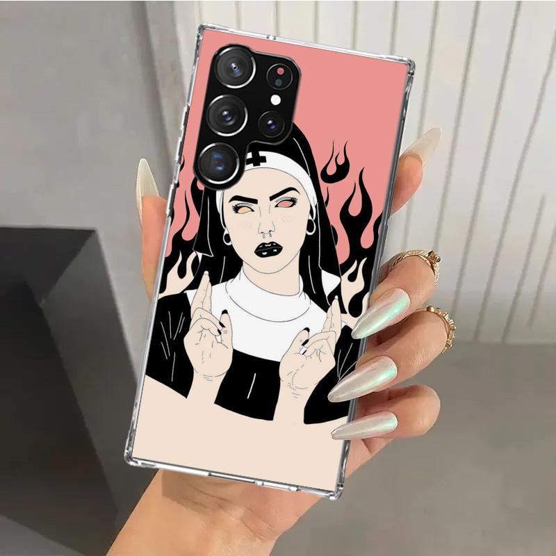 Pink Cat Skull Sorceress Witch Phone Case for Samsung Galaxy S26 S24 S23 Ultra S25 Edge S22 S21 Plus S20 FE + Soft Print Shell F