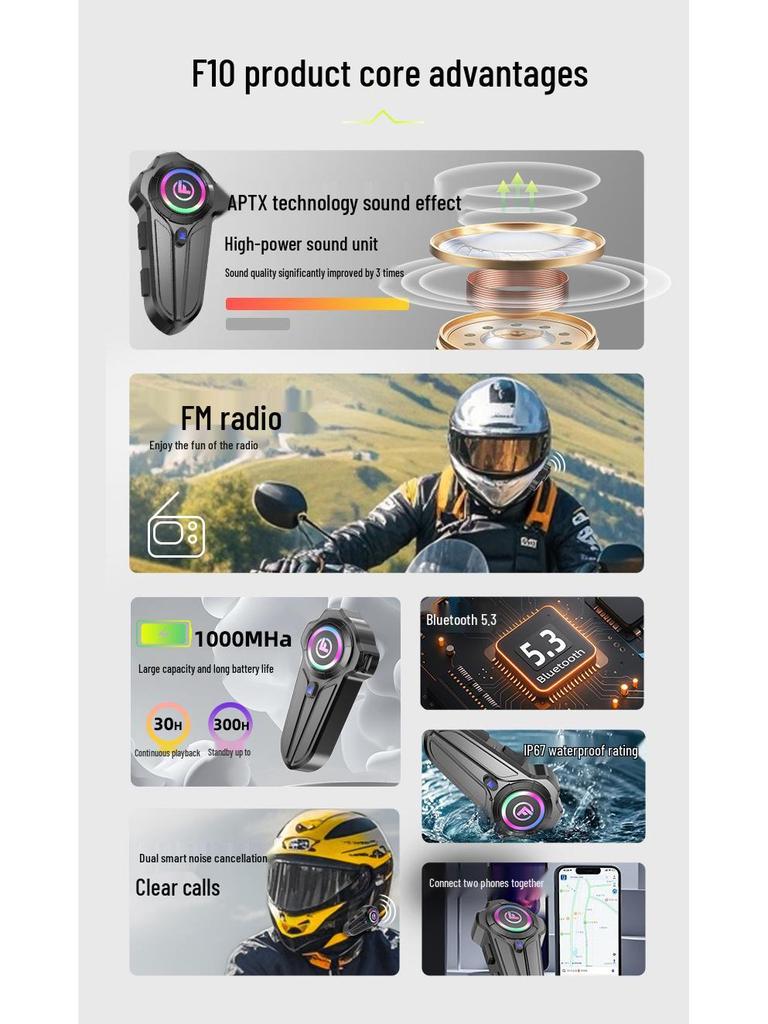 Bluetooth Motorcycle Helmet Headset F20pro: Cross-Brand Intercom, Two-Person Riding, Music Sharing.