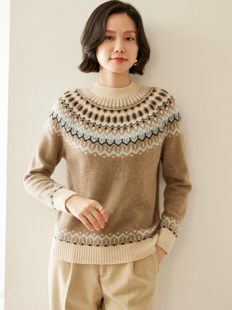 Elegant Fair Isle Jacquard Cashmere Sweater - Autumn/Winter 2026, Half-Neck, Loose & Slimming Design