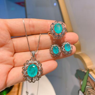 Jewelry Imitation Natural Paraiba Necklace Wedding Dinner Jewelry Three-piece Jewelry Stud Earrings Ring
