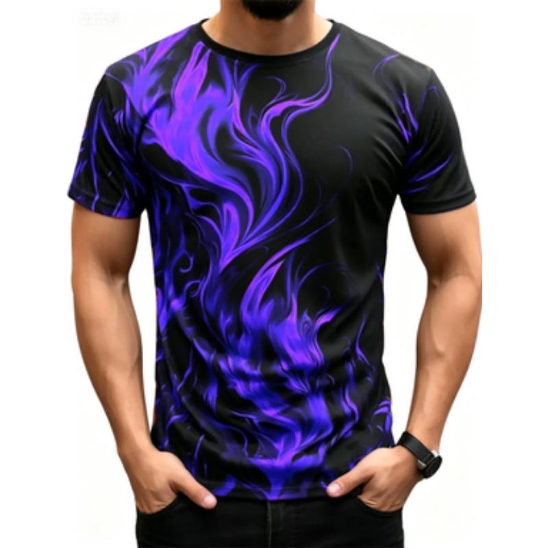 Modny Męski Trendy Krótki Rękaw Seria Płomieni Drukowany 3D Street T-shirt Okrągły Dekolt Casualowy Top