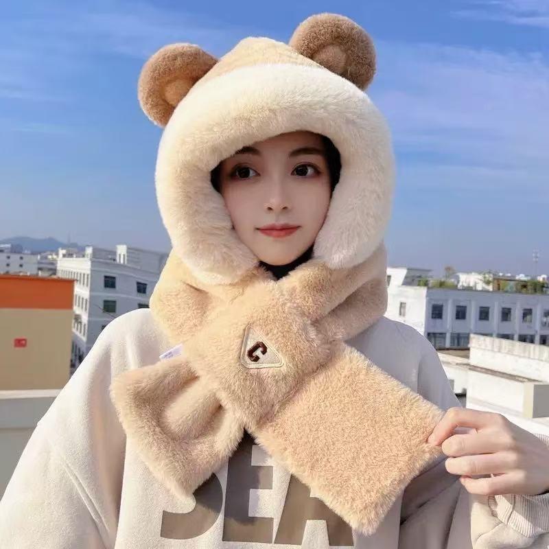 Plush hat scarf integrated women's autumn and winter cute warm ear protection scarf versatile fox ear hat