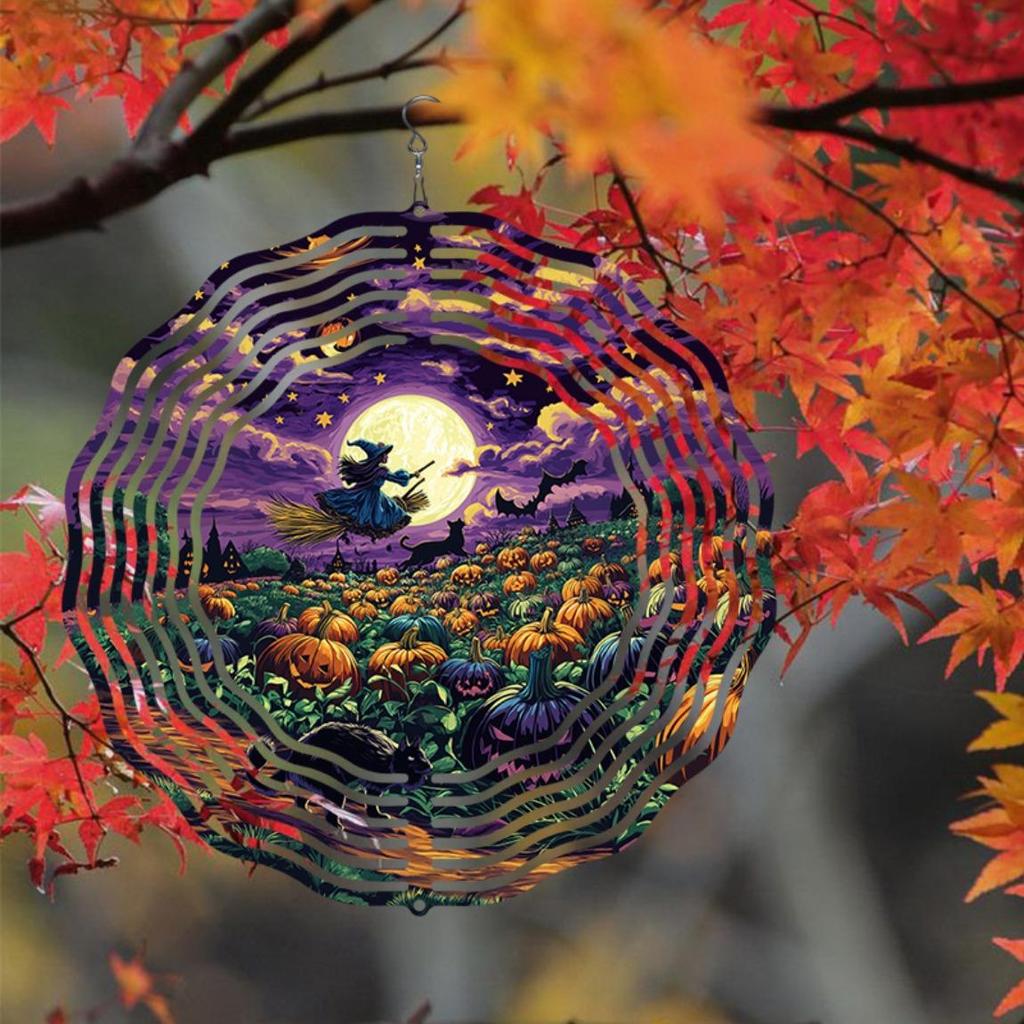 Halloween Metal Wind Chime with Witch Broomstick Pumpkins Moon Design Outdoor Garden Decor for Holiday Christmas Thanksgiving