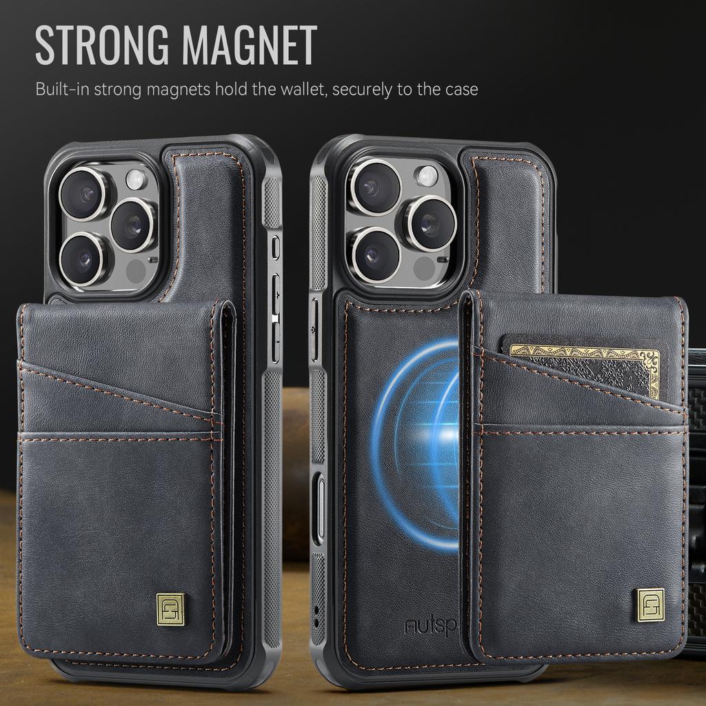For iPhone 16 Pro Case AUTSPACE A12 Leather Back Cover with Magnetic Detachable Card Bag Kickstand