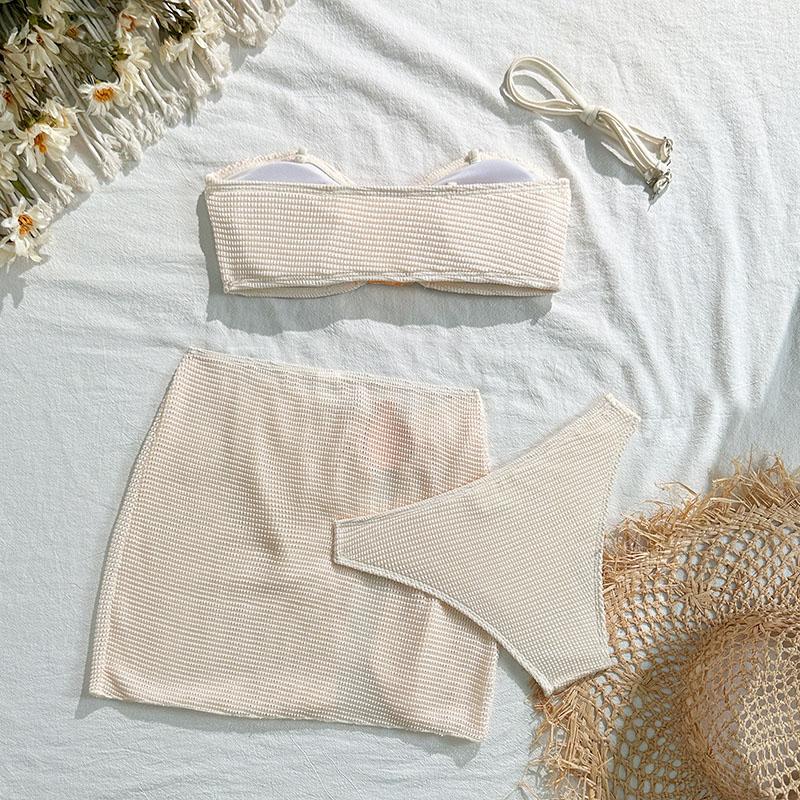 Solid Colors With Skirt Bandeau Bikini Female Swimsuit Women Swimwear Three-pieces Bikini Set Padded Bather Bathing Suit Swim