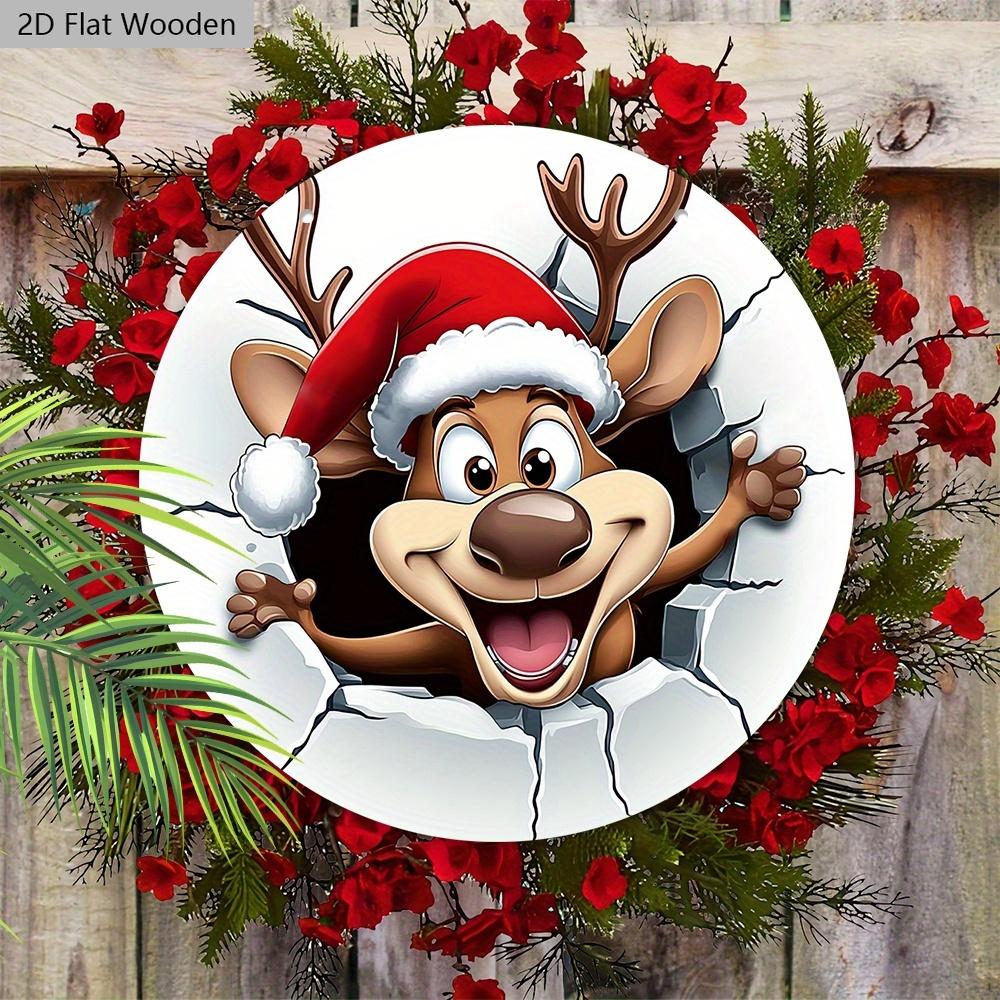 Cartoon Elk Christmas Wooden Sign - Navidad Round Artwork for Front Door, Wall Hanging Decor - Ideal Christmas Decoration
