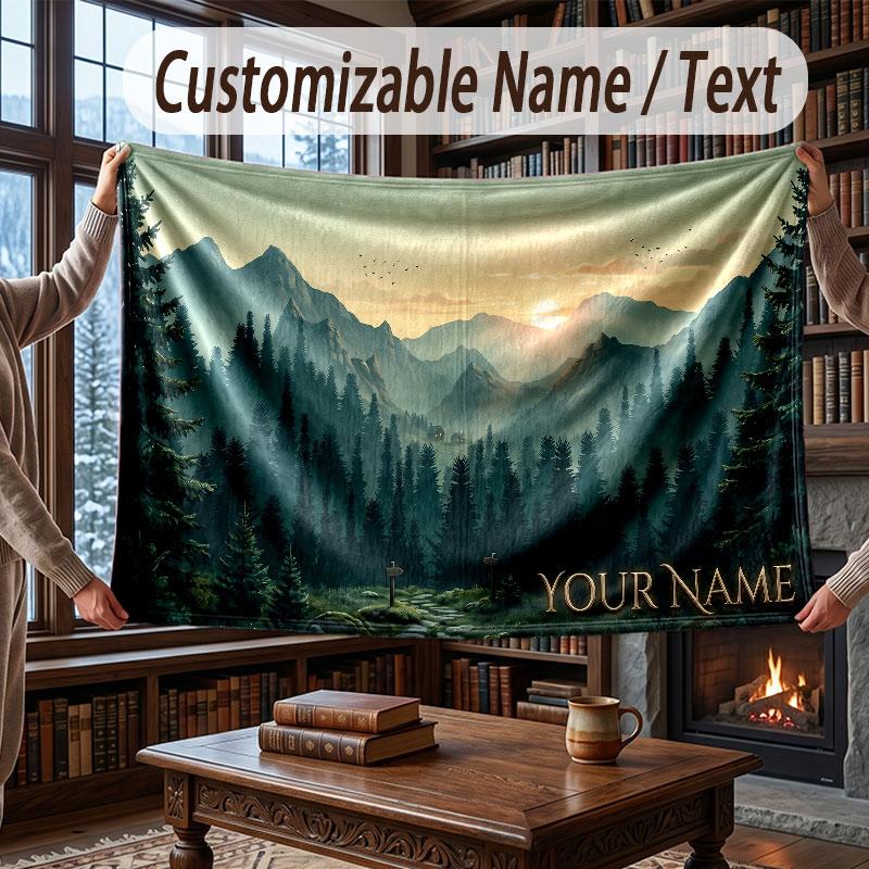Mountain Landscape Theme Throw Blanket Custom Name Text Personalized Blanket Soft Cozy Blanket for Home Sofa Bed